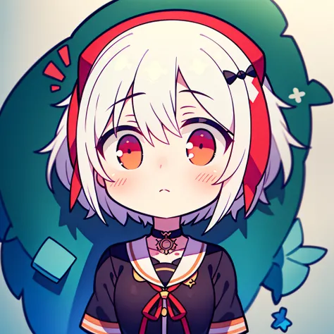 fish on the head, solo, 1 girl, looking at viewer, upright, concept art, white background, simple background, white hair, red gradient hair, short sleeves, watercolor pencil, expressionless, blush, virtual youtuber