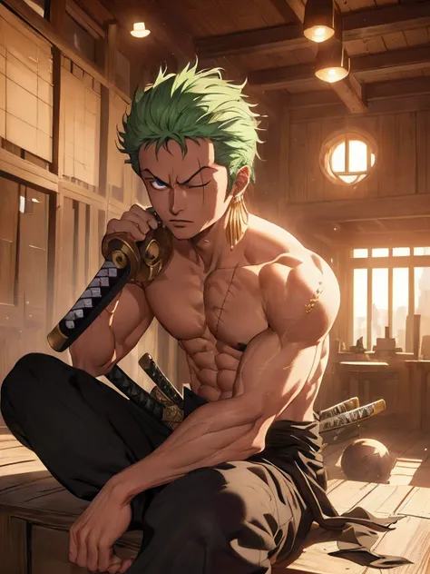 (Unity 16K Wallpaper, Masterpiece, Best Quality, Ultra-Detailed, Extremely Detailed CG, Caustics, Cinematic Lighting, Detailed, Beautiful Detailed Eyes, solo,Ultra High Resolution, fine skin,zoro(one piece),left eye closed,three katanas,sittin on wooden pl...