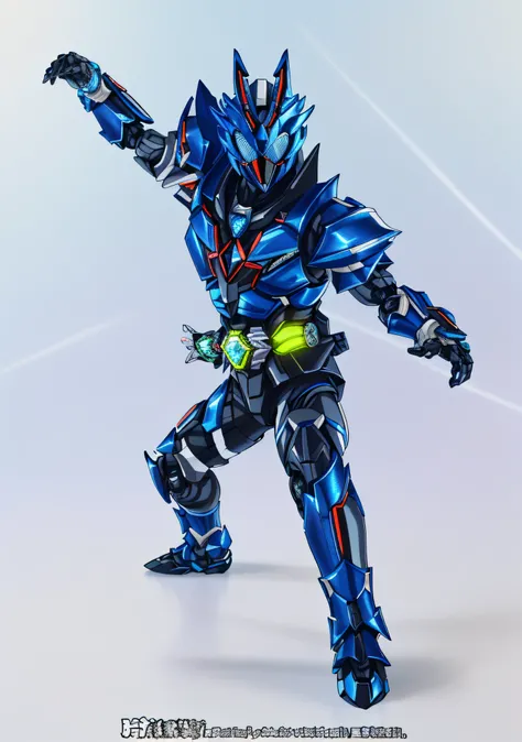 Close up of toy characters with blue and black robots, kamen rider action pose, high fantasy kamen rider, cyber japan style armor, cyber japan armor, kamen rider character, Kamen Rider, kamen rider ghost, battle action pose, fourze, cyber japan samurai arm...