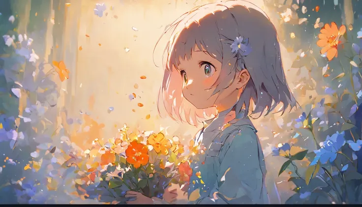 Little girl holding flowers，Meticulous painting style，Soft and fresh colors，Gentle lighting effects，Picturesque picture quality，Warm atmosphere