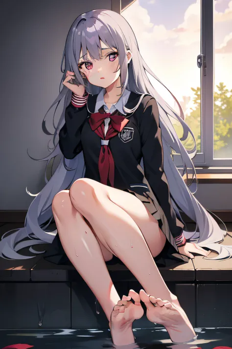 1girl, gray hair, long hair,  violet red eye, wavy hair, school uniform, bare foot, wet