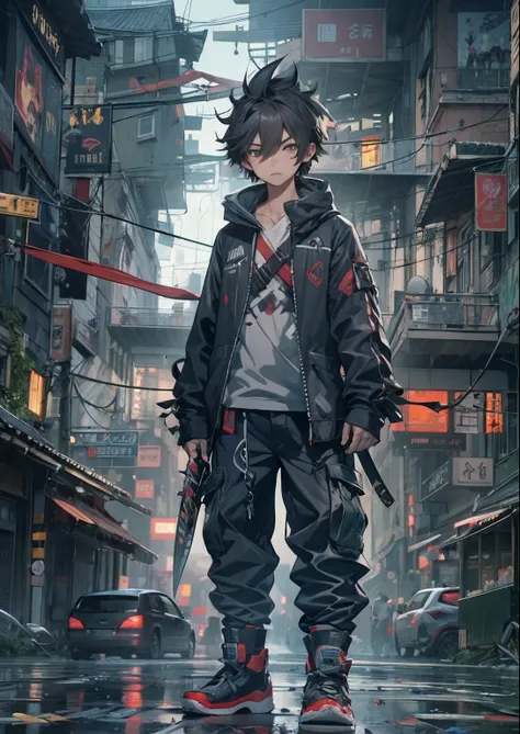 1boy,a 13 yo boy、Cyberpunk Boy、katanas,Spiky hairstyle、Tank Tops、Whole body bloody、Pulling composition、The beginning of the adventure、Lots of clouds,heavy fog、Chaotic city of the future、ruined and devastated city、dystopian、A group of very complex buildings...