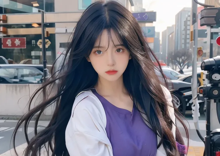 Black hair color，Long-haired girl cosplay, ，white  clothes，Purple pupils，Reduces hair density，sad expressions，The amount of hair in a normal person，Remove excess hair