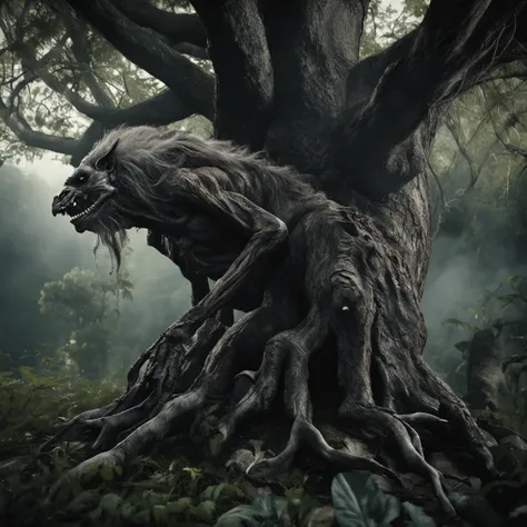 scary giant tree-dwelling creature smoking a cigarette at night, body: robust, hairy, and muscular, texture: aged bark, head: long gray hair, body color: black, eye color: green, fingers: long and hardened claws, location: leans back against an old tree wh...