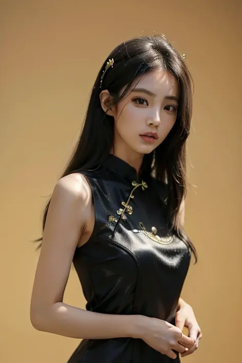 At the age of 20, Woman has fair skin，Wear a luxurious cheongsam. The hem of the dress is wide，Decorated with gold color, She has a jade hairpin in her hair, With long black hair，Sexy，Portrait,{Best quality}, {{Masterpiece}}, {A high resolution}, Original,...