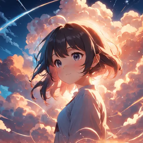 masterpiece, best quality, movie still, 1girl, cloud girl, floating in the sky, close-up, bright, happy, warm soft lighting, sunset, (sparks:0.7)