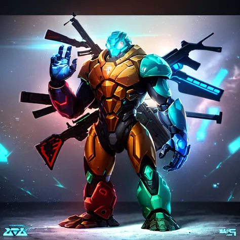 Close-up of a robot with a gun and gun, starcraft 2 videogame character, doom guy resembling samus, colorful muscular robot, greek god in mecha style, this character has cryokinesis, character art the contra, cyber fight armor, wario as the armored titan, ...