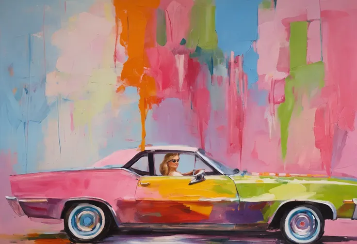 painting full body shot, Barbie blonde hair, driving the pink car with her boyfriend under blue sky