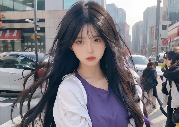 Black hair color，Long-haired girl cosplay, ，white  clothes，Purple pupils，Reduces hair density，sad expressions，The number of hair in a normal person，Remove excess hair