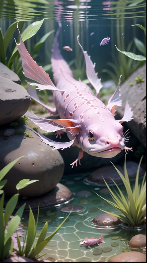 purple colour axolotls swimming in clear water --auto --s2