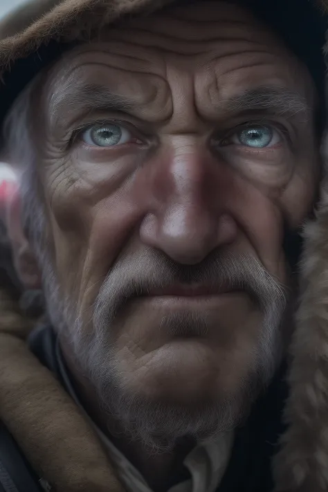 (Scharfer Fokus:1.2), An award-winning photo of an old farmer, Wassertropfen, Thunderstorms outside, Lightning Hintergrundbeleuchtung, , Linien im Gesicht, Runzeln, Extrem detaillierter Skin, Traurigkeit, Hoffnungslosigkeit ,cloudy eyes, (Tiefe Schatten:1....