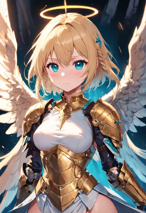 angelicales，teens girl，blond hairbl，Turquoise pupils，Six-winged angel，high and cold，big breasts beautiful，divino，Dignified，Royal Sister，with a round face，holding a large sword，Metal armor，chies