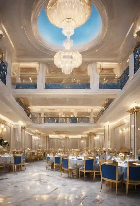 Oversized huge luxury white、Gold and blue restaurant，Equipped with a dining table for 12 people