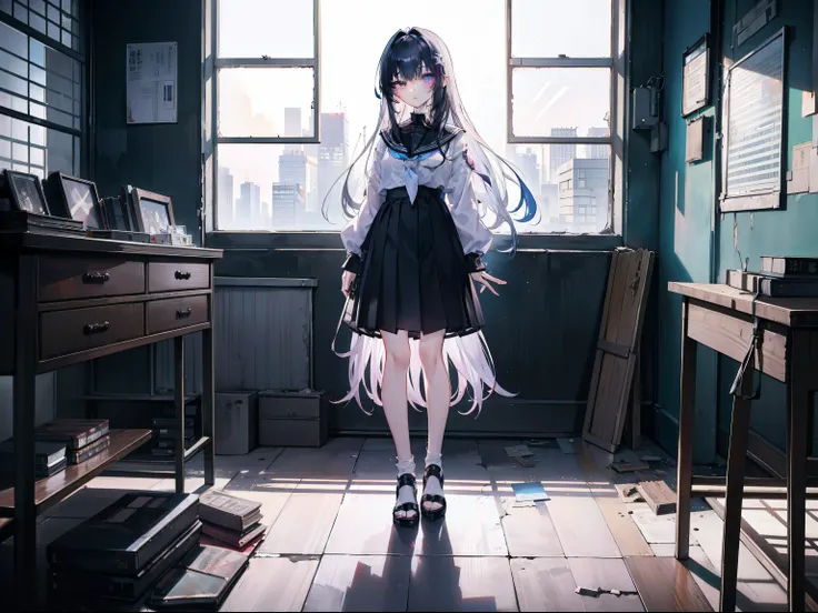 ​masterpiece、top-quality、Girls hair is white、The girls eyes are blue、Silver gray background、cyber punk style、​masterpiece、top-quality、Closed、（natta）、natta、Dark school broken window glass and wall texture、anime styled、Girl exploring broken school in Korea、A...