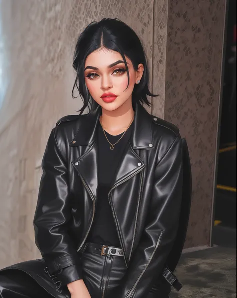 mulher araffed na jaqueta de couro preta sentada em uma cadeira preta, ela usa jaqueta de couro, Kylie Jenner como Mulher-Gato, vestido com jaqueta de couro, usando uma jaqueta de couro, usando jaqueta de couro, vestindo uma jaqueta de couro preta, usando ...