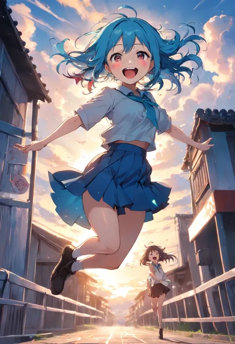 Lively and cute girl sunshine jumping front full body short skirt blue long hair laughing sky