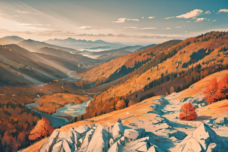 stunning landscape, vast scale, soft colors, muted contrast, extremely detailed and intricate. hills, forrests, fall, view from the mountain ridge, God rays, sharp focus