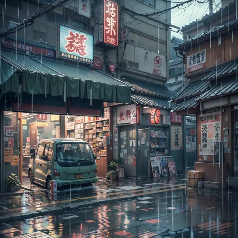 open car trunk in the middle modern, urban, empty Japanese street. Anime background, anime, anime style. big Japanese shop signs, retro Japanese shop banners. (no one :1), no one in sight. gloomy weather, rain, heavy rainfall, heavy rain, puddles. best qua...