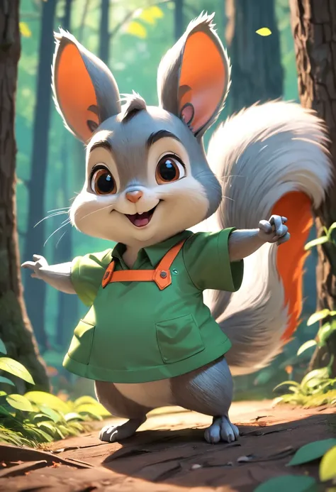 Plastic light sensor，Caricature of gray squirrel in green apron and orange shirt, Gray squirrel，Cute cartoon character, cartoon shading, Cute characters, cute forest creature, Cartoon style, a cartoon illustration, Disney, 。.3D, 。.3D, Escultura,，Disney，Dis...