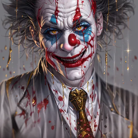 Crazy Clown，Clown makeup，Swinging a metal bat，Blood Rain，Return blood，Bloody，Blood pools，Always high laughter，Full swing，a man in his 40s，Wearing an expensive suit，Masterpiece，high-detail，perfect-composition，face perfect，perfect bodies，the golden ratio，8K