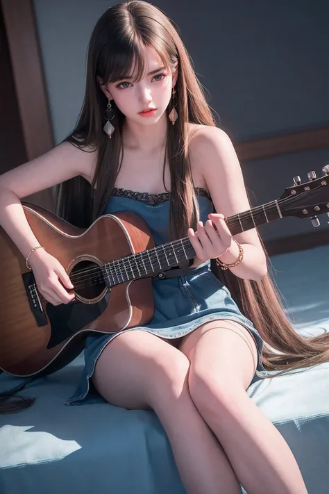 (8k, RAW photo, best quality, masterpiece:1.2),(realistic, photo-realistic:1.37),photo mapping,professional lighting,radiosity,1girl,solo,long_hair,(bracelet:1.1),(long legs:1.2),(earrings:1.1),physically-based rendering,proscenium,performance,be seated,un...