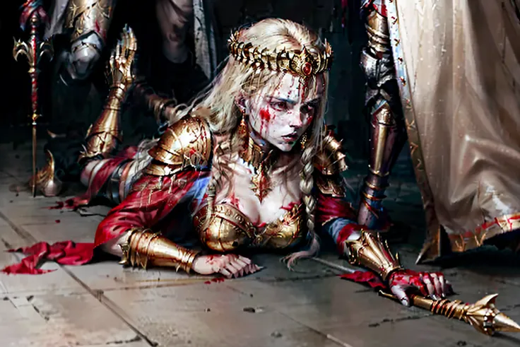 The tall beautiful goddess of war in gold armor and red robes was stabbed in the abdomen by the enemys spear，She braced herself on the ground with her hands，There was blood hanging from the corners of his mouth，and a pained expression on its face