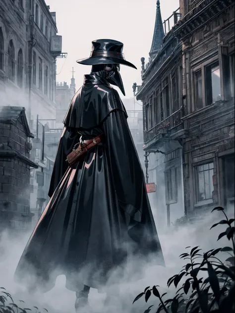 Beautiful, (masutepiece:1.2), (Best Quality:1.2), Realistic, Perfect eyes, Perfect face, Perfect Lighting, (1boy:1.2), plague doctor, Mask, Plague Doctor Mask, Faceless, With a cane, Evil atmosphere, skull belt,silk hat, chain, Black veil, trench coat, bea...