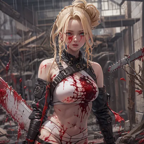 Crazy woman wielding a chainsaw，Bloody，Return blood，Blood pools，Blood Rain，a blond，Braids，Twin-tailed，Thick makeup，shortsleeves，breeches，Navel out，E-cup，Luxury，perfect-composition，face perfect，perfect bodies，the golden ratio，8K