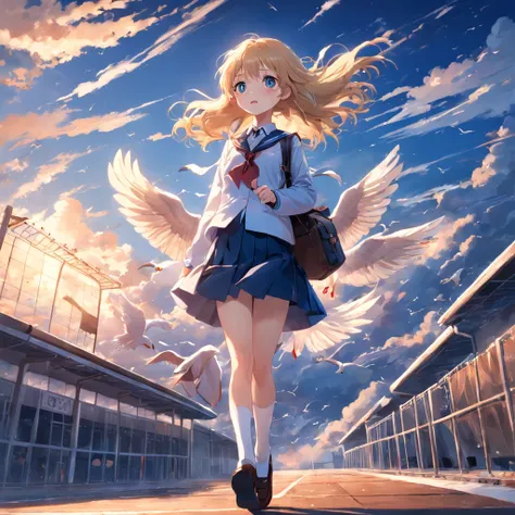 blue open sky，Seagulls fly，School uniform girls，vivaciousness，evening light，k hd，Carrying a school bag，A gentle breeze ruffles the hair，