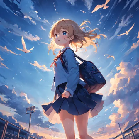 blue open sky，Seagulls fly，School uniform girls，vivaciousness，evening light，k hd，Carrying a school bag，A gentle breeze ruffles the hair，