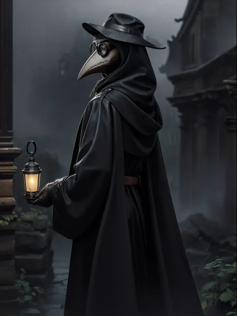 Beautiful, (masutepiece:1.2), (Best Quality:1.2), Realistic, Perfect eyes, Perfect face, Perfect Lighting, 1boy, plague doctor, hoods, Mask, Plague Doctor Mask, Faceless,Wooden cane, Evil atmosphere, skull belt,Round Lens Goggles,silk hat, chain, Black vei...