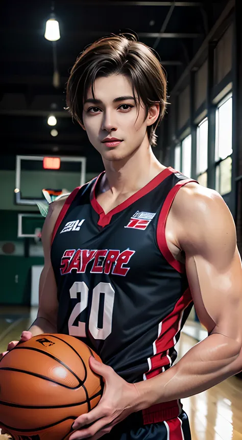 ((Men only)), (head shot), ((showing his abs)), (Handsome muscle man in his 20s), (male basketball player), (basket ball), (in basketball court), (Leon Kennedy), (smile), (detaile: 1 in 1), Natural muscles, HIG quality, beautidful eyes, (Detailed face and ...