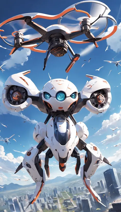 Quadcopter UAV，white backgrounid，With some mecha style，Product design drawings，Advertising design，illustration，Thrilling battles，high aerial shot，Flight stability，Changeable perspectives，detail-rich，Birds eye view，Unique perspective，Dynamic graphics，Full o...