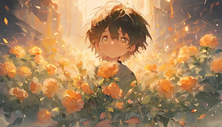 Little boy holding flowers，Meticulous painting style，Soft and fresh colors，Gentle lighting effects，Picturesque picture quality，Warm atmosphere