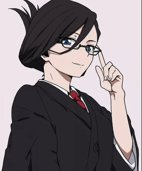 anime girl with glasses and a black suit and tie, in an anime style, inspired by Okumura Masanobu, with index finger, black - haired mage, sui ishida with black hair, inspired by Kusumi Morikage, nezuko-chan, hinata hyuga, nezuko, flat anime style shading,...