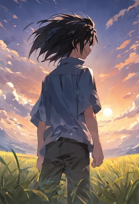 A book cover that contains, a grassy plains, mountains in the bagground with clouds surrounding them, a boy; Long black hair in a ponytail, crystal blue eyes that shines with intelligence, a black shirt, he is standing with his back to the camera and stari...