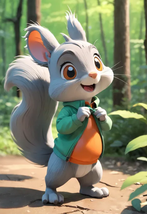 plastic toy，Gray squirrel in green suspenders and orange shirt，Wear sneakers, Gray squirrel，Cute cartoon character, Cute characters, cute forest creature, Cartoon style, Disney, 。.3D, 。.3D, Escultura,，Disney，Disney。3 d rendered, 3D model