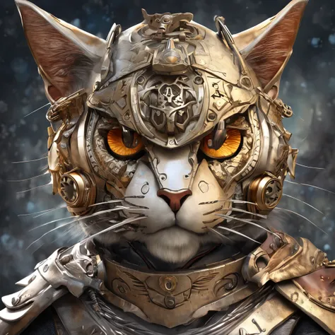 top-quality, Dramatic Lighting, menacing pose, fierce look, epic atmosphere, (((Helmet in the shape of a cats head))), (((Full body shot))),Metal Cat, cyborgs, Cyberpunk style, Clockwork, ((Intricate details)), nffsw, ((Intricate details, hyperdetails)), i...