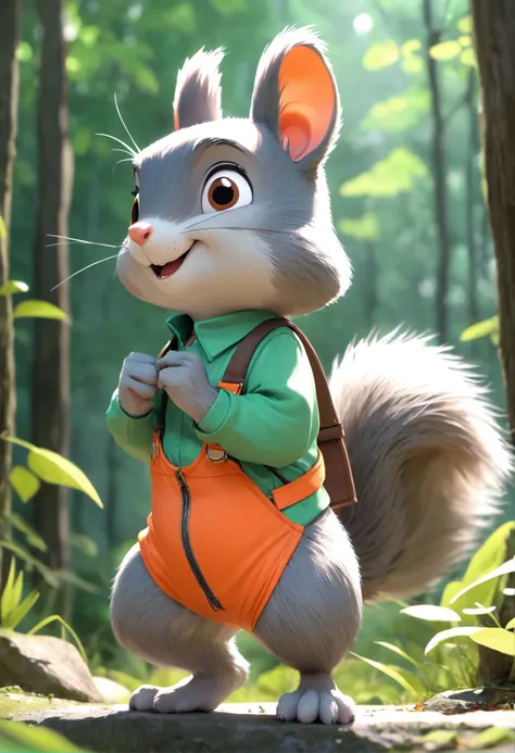 plastic toy，Gray squirrel in green suspenders and orange shirt，Wear sneakers, Gray squirrel，Cute cartoon character, Cute characters, cute forest creature, Cartoon style, Disney, 。.3D, 。.3D, Escultura,，Disney，Disney。3 d rendered, 3D model