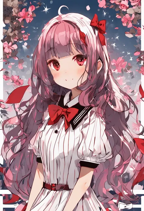 Illustration masterpiece，style of anime，校服，Long pink hair，1 cute girl，Striped pleated skirt，red bowtie，Huge