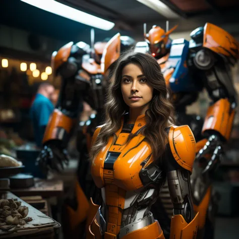 （cinematic masterpiece, Detailed sense of success）There are beautiful women in the photo, e na foto, Theres a very large mechanical armor robot in the back, There is a very large mechanical battle suit on the back，fusion of Pacific Rim robot style and Gund...