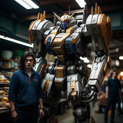 （cinematic masterpiece, Detailed sense of success）There are beautiful women in the photo, e na foto, Theres a very large mechanical armor robot in the back, There is a very large mechanical battle suit on the back，fusion of Pacific Rim robot style and Gund...