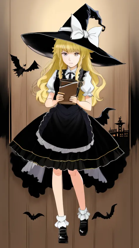 There is a painting of a girl dressed in a witchs costume, the witch, kirisame marisa, kirisame marisa from touhou, classical witch, marisa kirisame, in a halloween style, bright witch, mechanized witch girl, loli in dress, beautiful cowboy witch, witch ac...