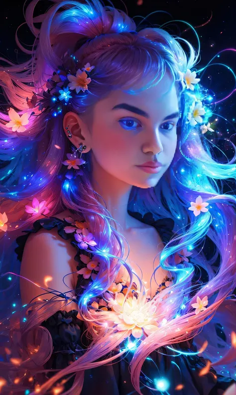 uma menina com cabelo longo e luzes coloridas em seu cabelo, fantasy gorgeous lighting, arte de fantasia digital colorida, Brilhando com luz colorida, retrato da menina de glowwave, estilo de arte de fantasia, luz neon e fantasia, arte digital fantasia, re...