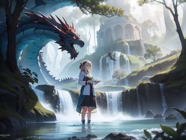 Nature, 1girl, dragon water, highres, masterpierce,, magic