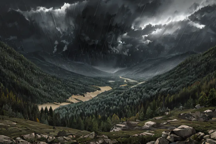 Landscape, deciduous forests, hills, storm, heavy rain