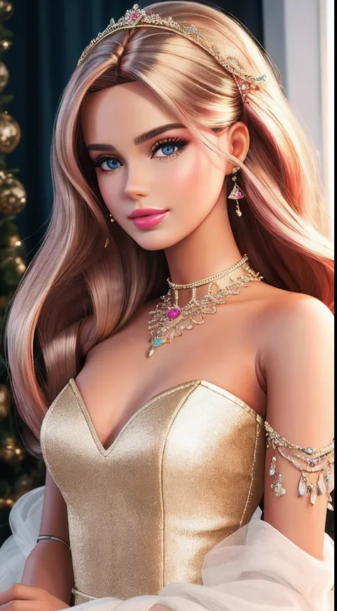 Best quality at best，tmasterpiece，A high resolution，1girl，((( Barbie Girl)))，Lovely face，hair adornments，looking at viewert，ssmile，closing the mouth，cparted lips，shift dresses，hair adornments，choker necklace，jewely，long whitr hair，耳Nipple Ring，beautiful  f...