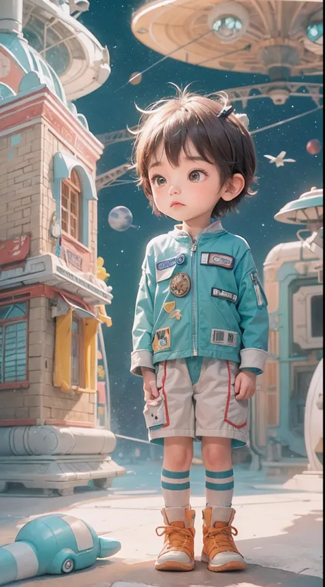 Once upon a time, In a small town, A boy named Hai lived. Hai loves space、His dream is to become an astronaut., In the style of Studio Ghibli, pastel tetradic colors, White background, 2d art, Cute and quirky, Fantasy Art, watercolor paiting, handdraw, Dig...