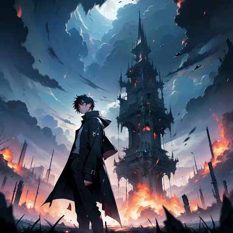 anime boy wearing black clothes and with dark spells around him, with the scenery behind him destroyed