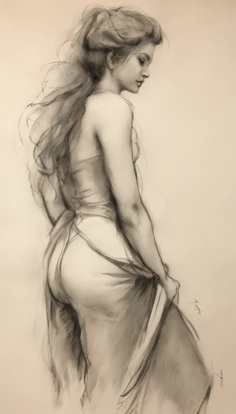 a pencil sketch of a woman , a charcoal drawing by William Twigg-Smith, CGSetnação, Arte figurativa, charcoal drawing, Pencil sketch, dynamic pose